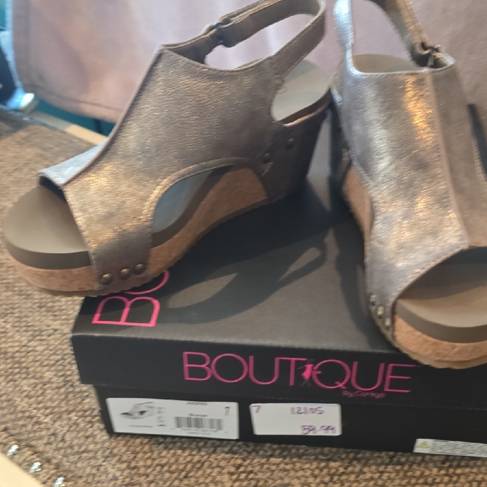 Corkys Metallic Pewter Wedge Sandals - Picture 6 of 9